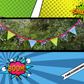 Superhero Bunting Garland - Blue & Green Pennants with Red Trim and Fun Hero Phrases