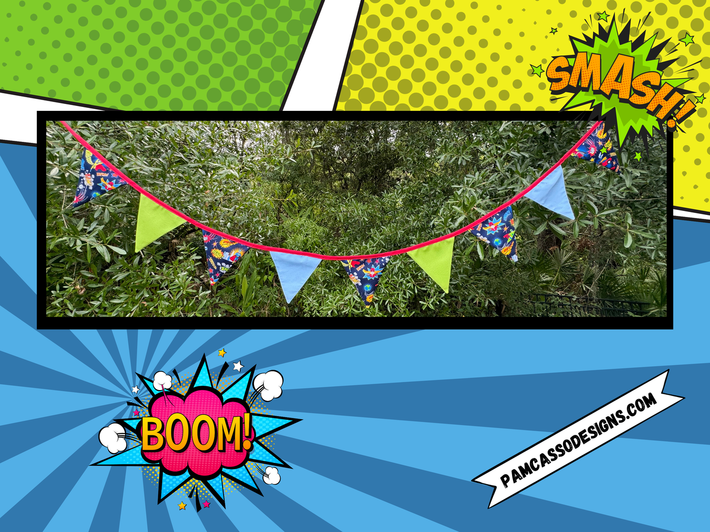 Superhero Bunting Garland - Blue & Green Pennants with Red Trim and Fun Hero Phrases