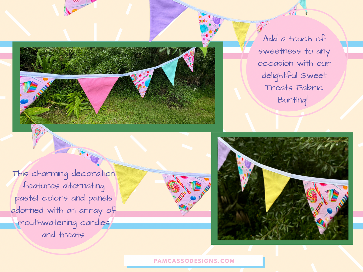 Bunting | Pastel Sweet Treats Fabric Bunting - Candy and Dessert Themed Party Flags Decoration