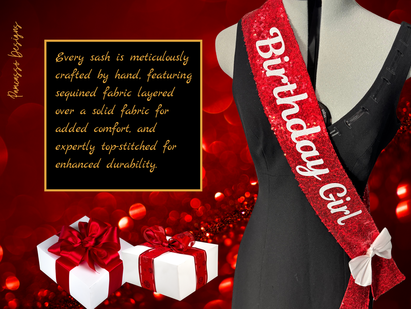 Sash | Personalizable Red Sequin Fabric Sash- Valentines - Custom Birthday Party Sash