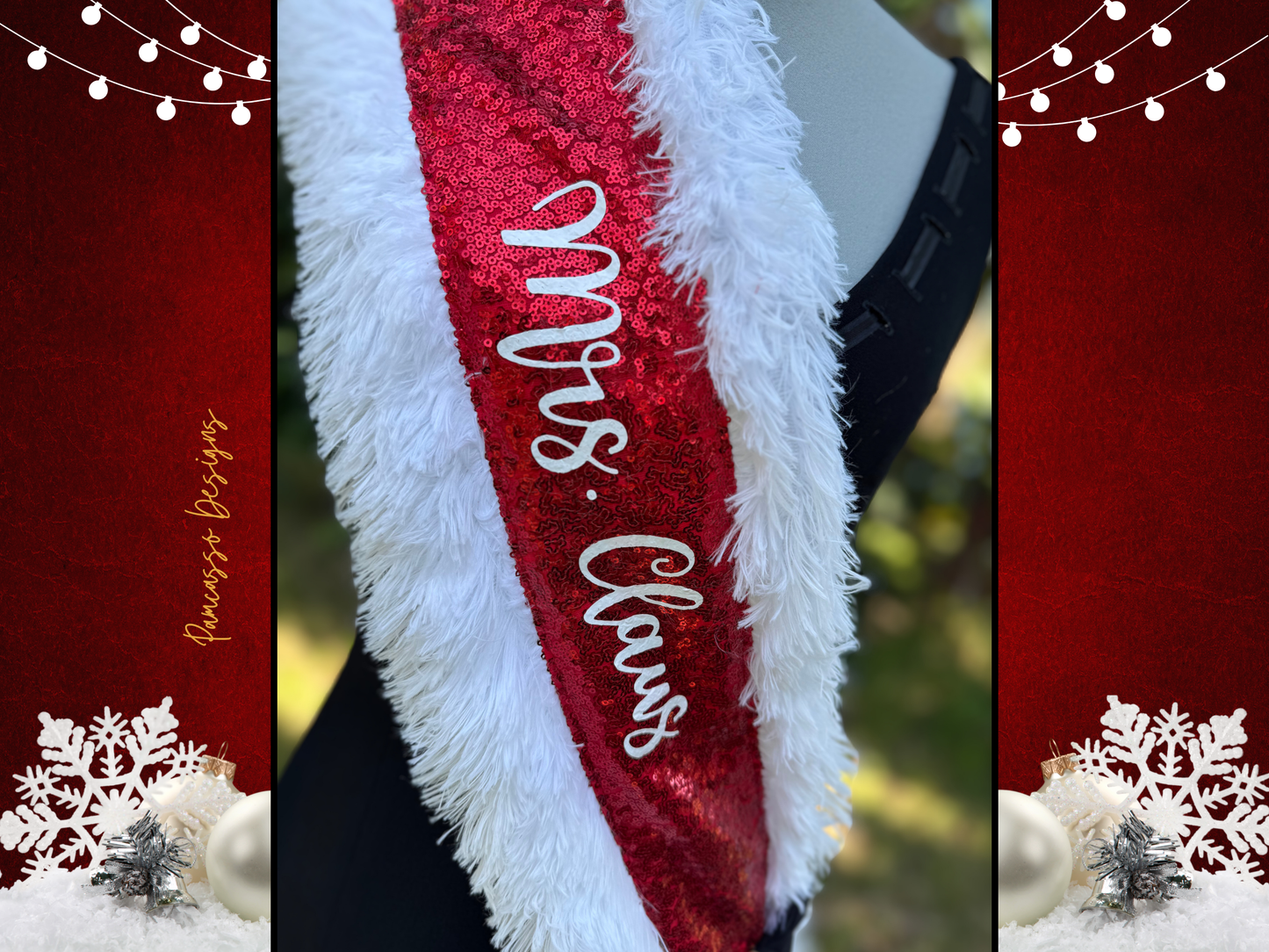 Sash | Mrs. Claus Red Sequin Sash Stole Scarf with Faux Fur Trim & Satin Bow - Santa - Christmas Party Accessory