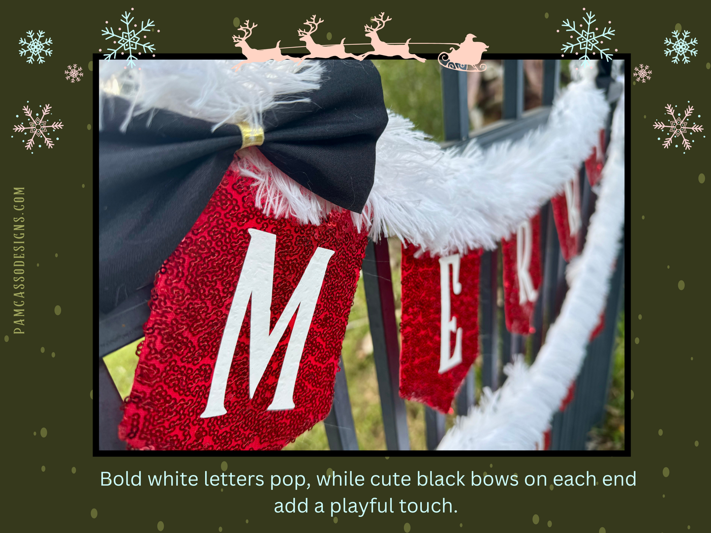 Bunting | Merry Christmas Banner - Red Sequin Fabric with White Faux Fur Trim, Santa-Inspired Holiday Decor, Festive Party Decoration with Black Bow