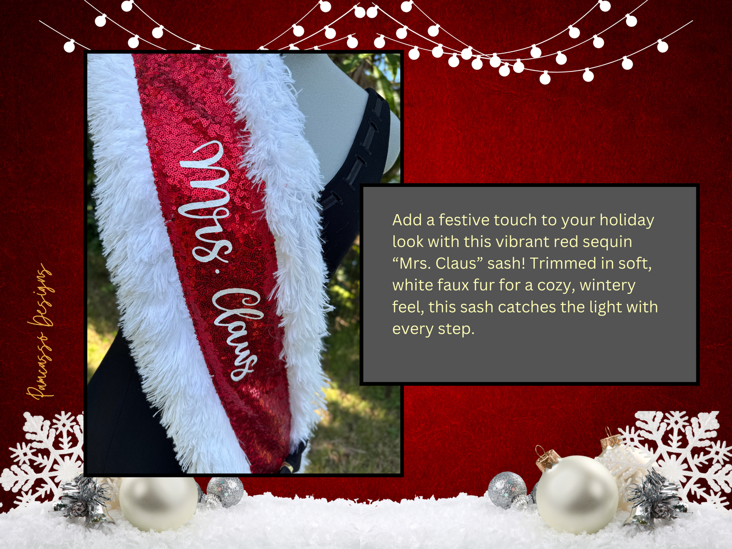 Add a festive touch to your holiday look with this vibrant red sequin “Mrs. Claus” sash! Trimmed in soft, white faux fur for a cozy, wintery feel, this sash catches the light with every step. A chic black satin bow with a gold accent adds a pop of elegance, completing the classic Christmas-inspired design.