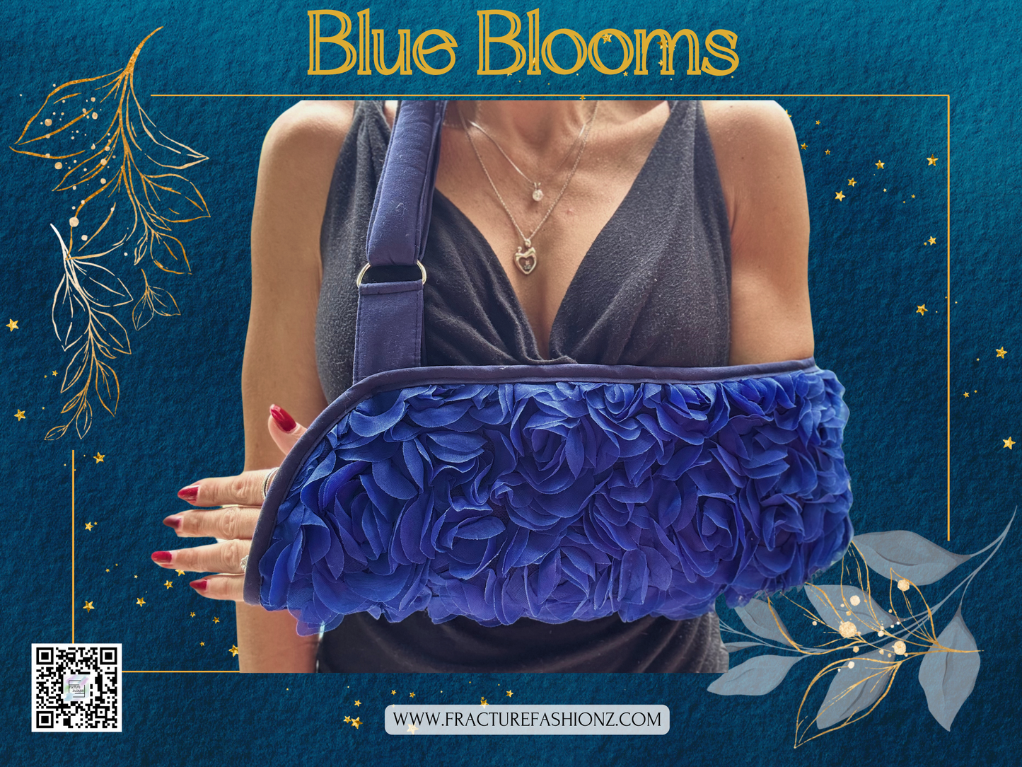 Royal Blue Blooms: Luxurious Padded Arm Sling with Chiffon 3D Flowers