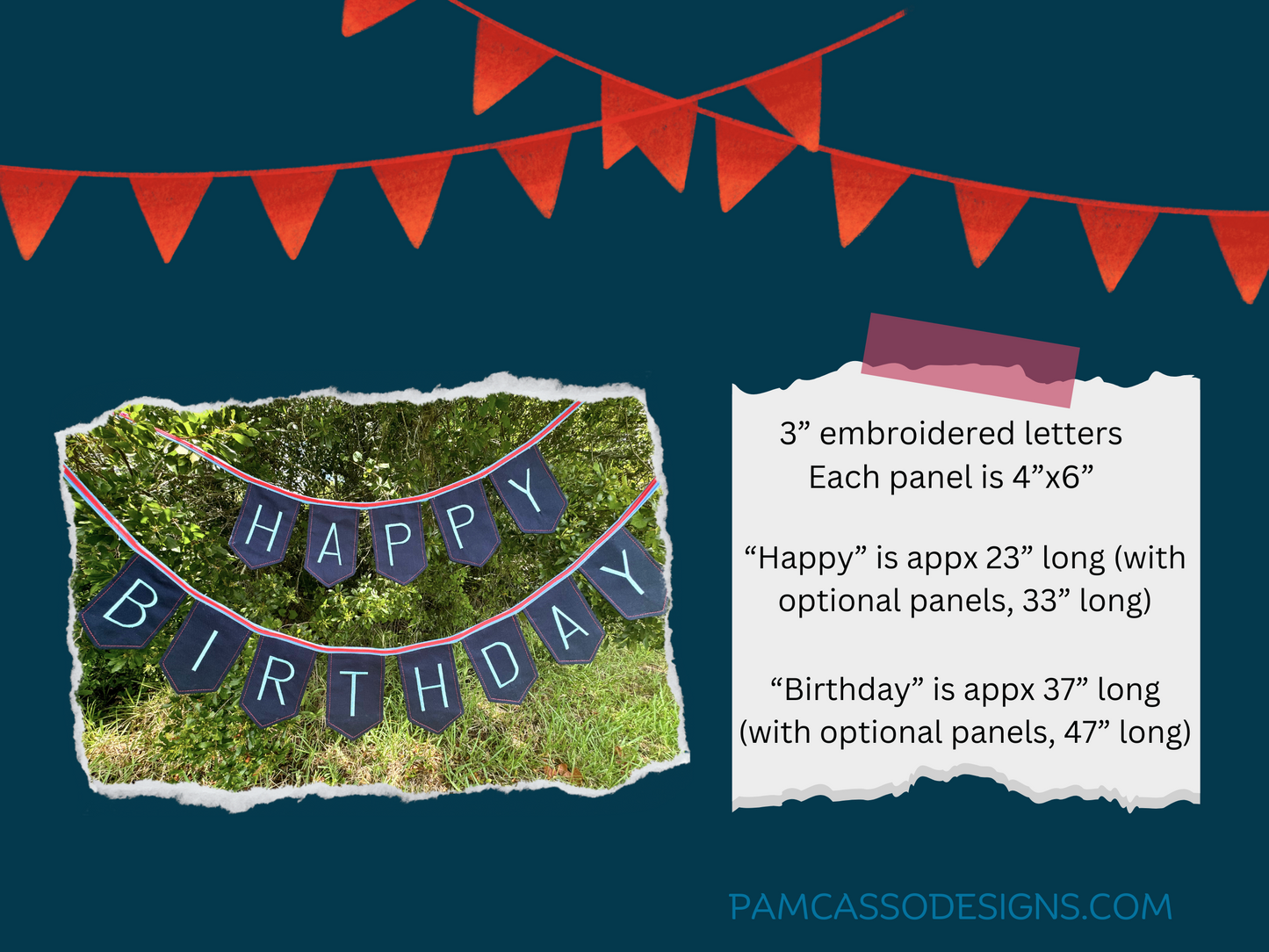 Bunting | Customizable Red Pin Stripe Navy Heavy Duty Canvas Happy Birthday Bunting Banner with Embroidered Letters Interchangeable Theme Panels