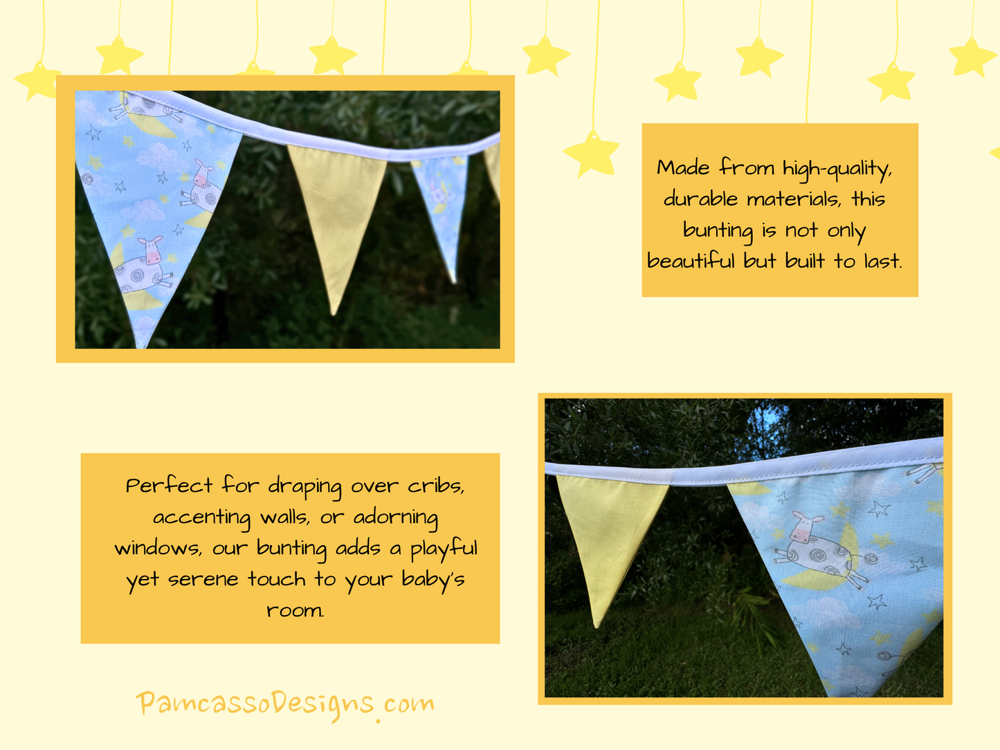 Whimsical Cow and Moon Nursery Bunting with Light Yellow Panels - Adorable Baby Room Decor - Gender Neutral Nursey Banner Decoration