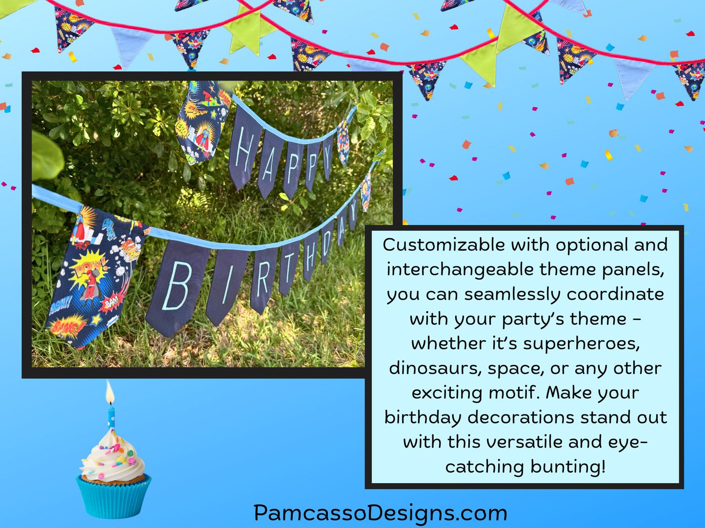 Bunting | Customizable Heavy Duty Canvas Happy Birthday Bunting with Embroidered Letters Interchangeable Theme Panels