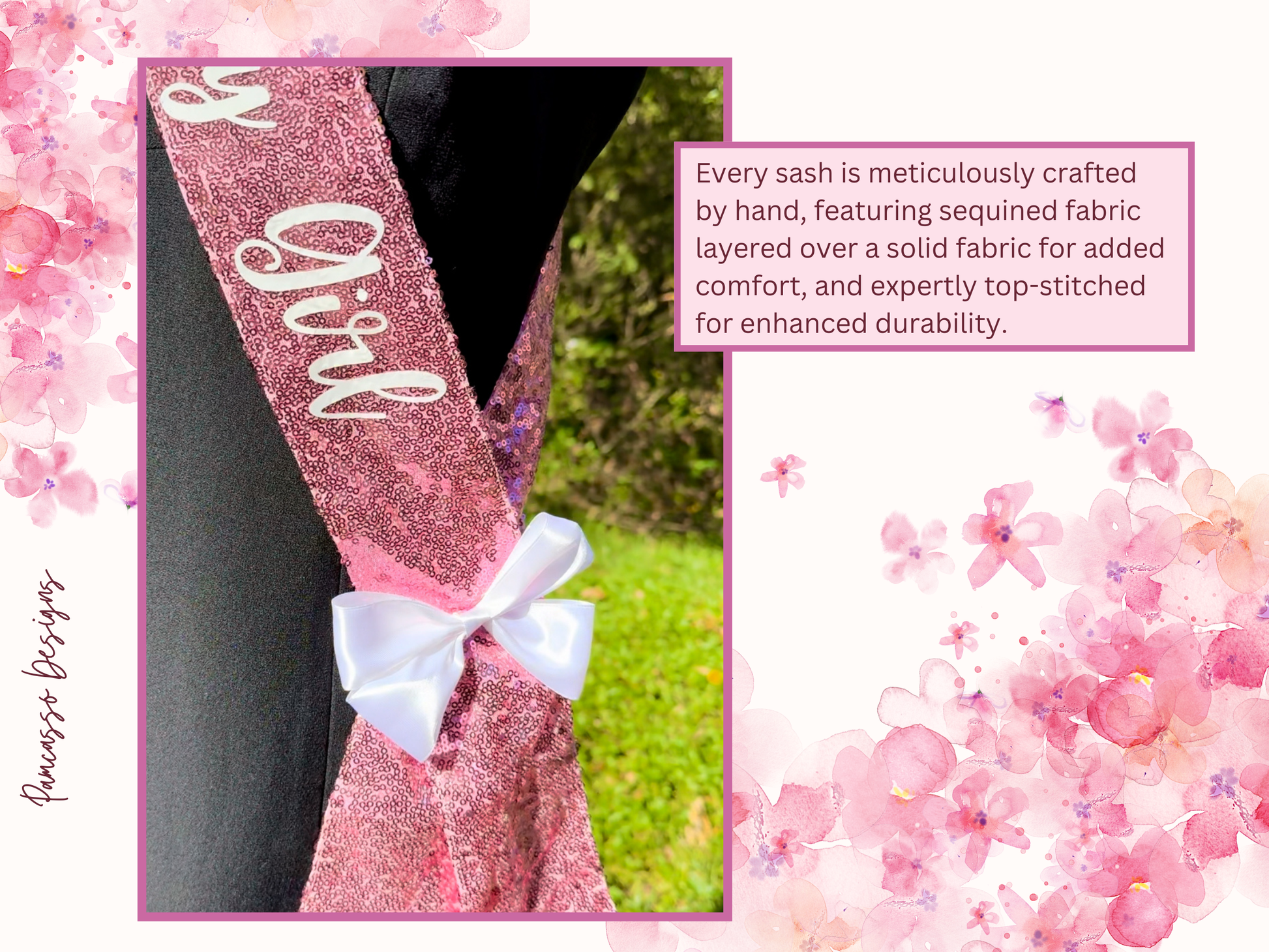 Celebrate in style with this stunning Pink Sequins Sash, perfect for making any birthday girl shine! Adorned with sparkling sequins and “Birthday Girl” elegantly written in white, this sash adds a touch of glamour to any outfit.