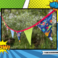 Superhero Bunting Garland - Blue & Green Pennants with Red Trim and Fun Hero Phrases