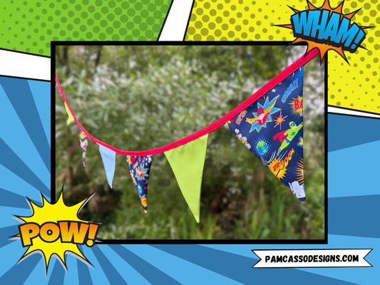 Superhero Bunting Garland - Blue & Green Pennants with Red Trim and Fun Hero Phrases