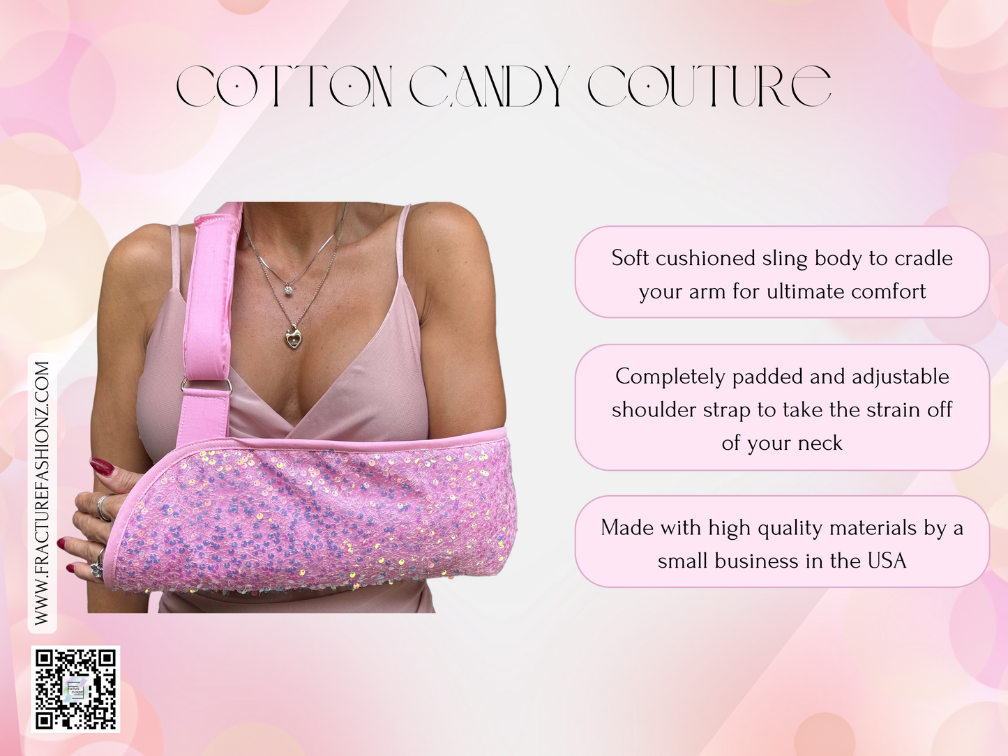 Arm Sling | Cotton Candy Couture:  Designer Pink Sequin Padded Arm Sling