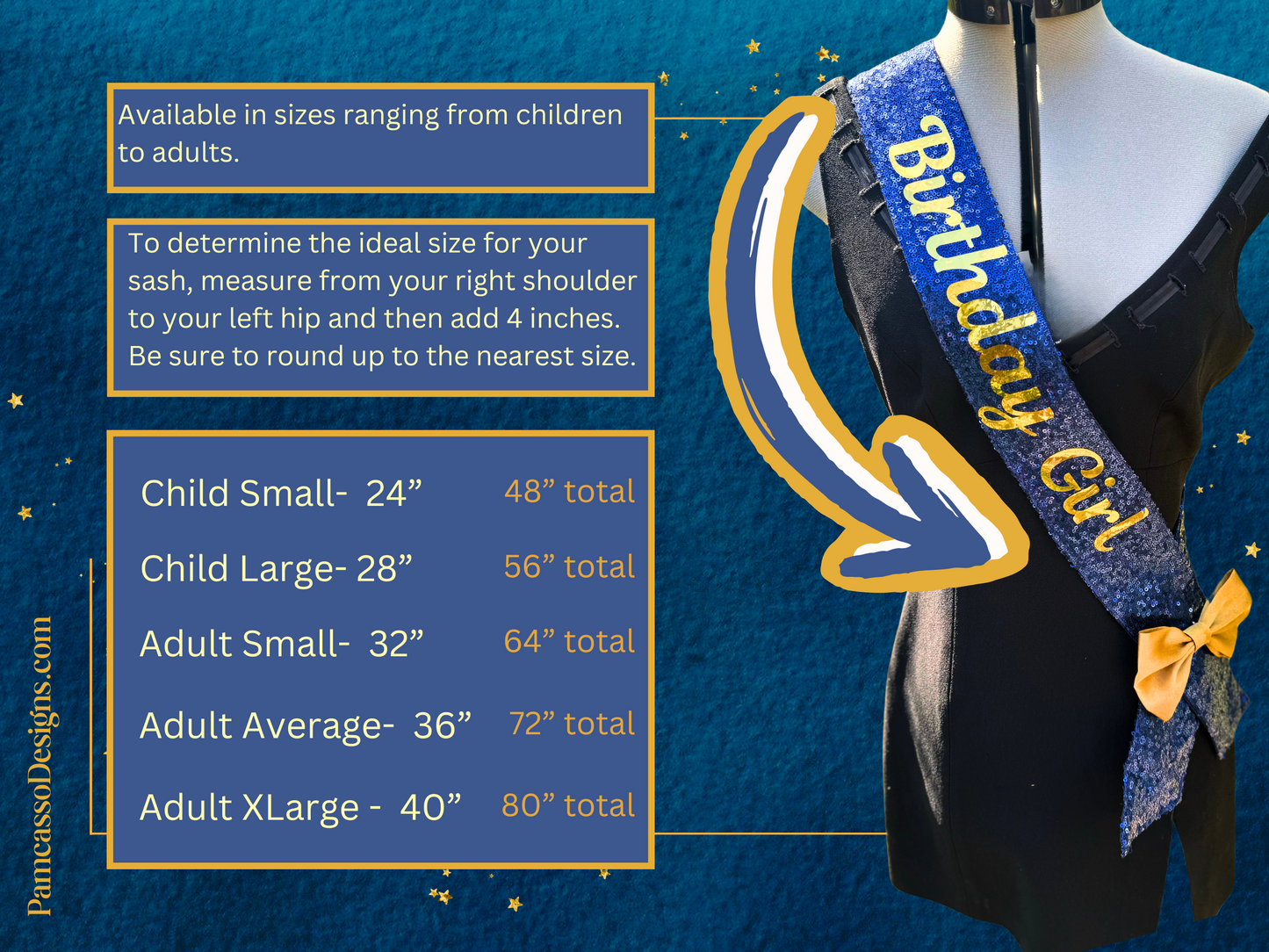 Sash | Royal Blue and Gold Customizable Sequin Sash- Birthday Party, Special Occasion Bling Sash