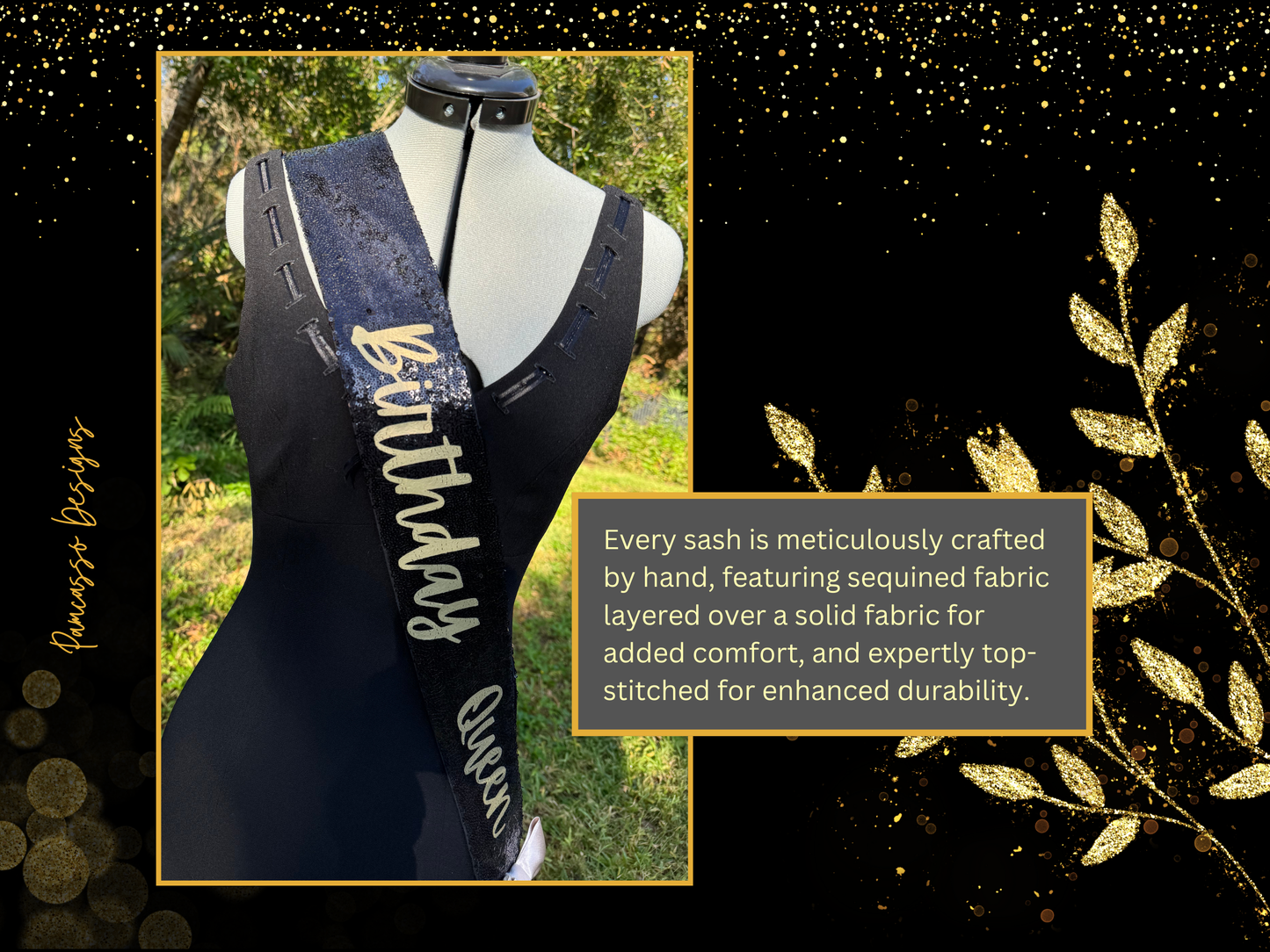 Celebrate in style with this dazzling black sequin “Birthday Queen” sash, designed to make any birthday unforgettable! Crafted with shimmering black sequins, this sash catches the light and adds sparkle to every moment. The bold “Birthday Queen” text stands out beautifully, making it clear who the star of the day is. A luxurious gold satin bow adds an elegant touch, giving a pop of contrast and a touch of sophistication.