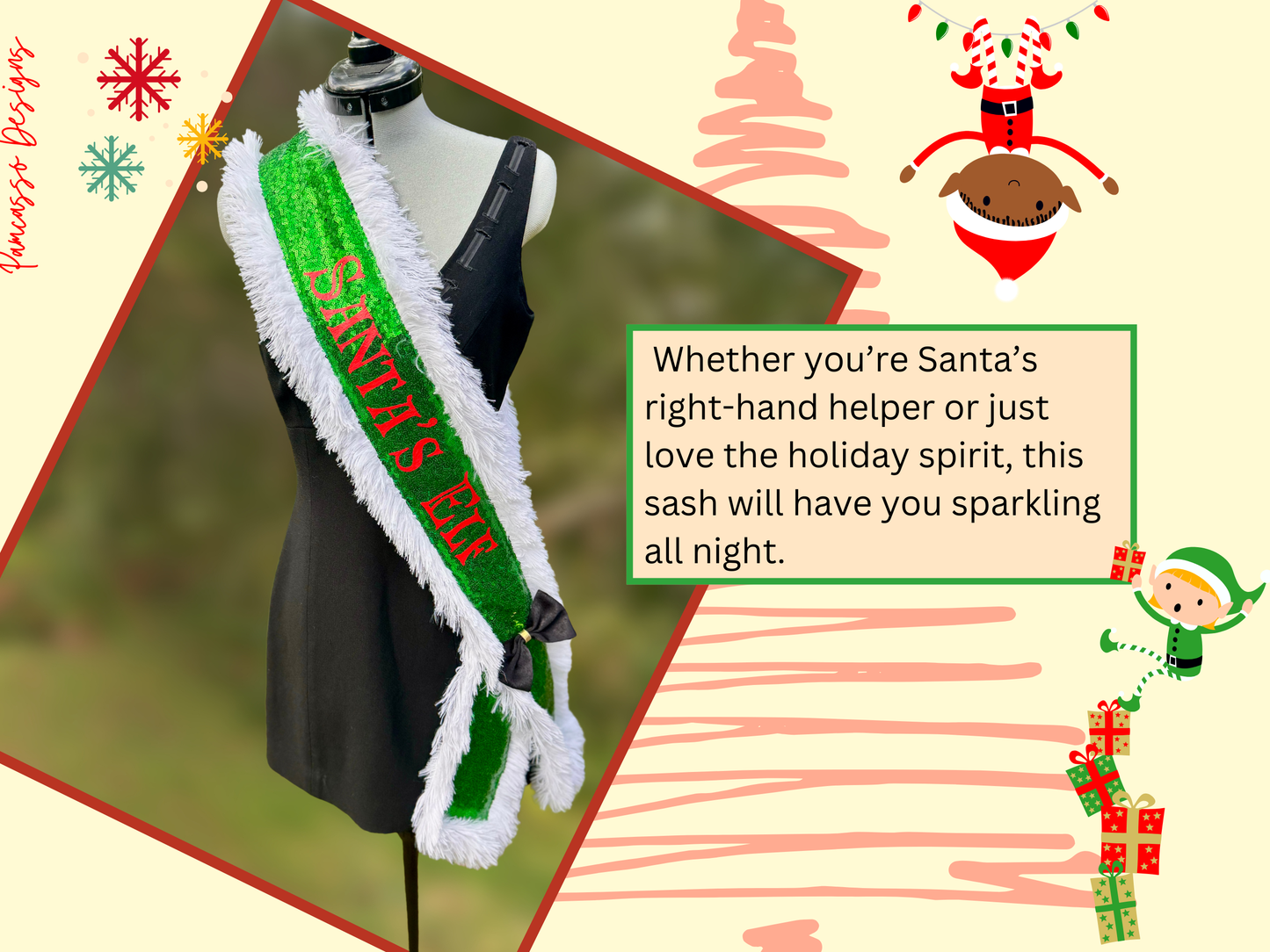 Sash | “Santa’s Elf” Green Sequin Sash Stole with Fur Trim – Santa’s Holiday Scarf Outfit