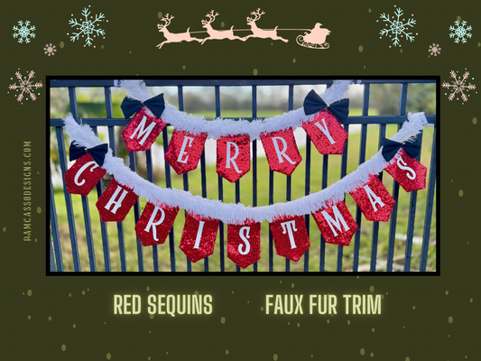 Bunting | Merry Christmas Banner - Red Sequin Fabric with White Faux Fur Trim, Santa-Inspired Holiday Decor, Festive Party Decoration with Black Bow