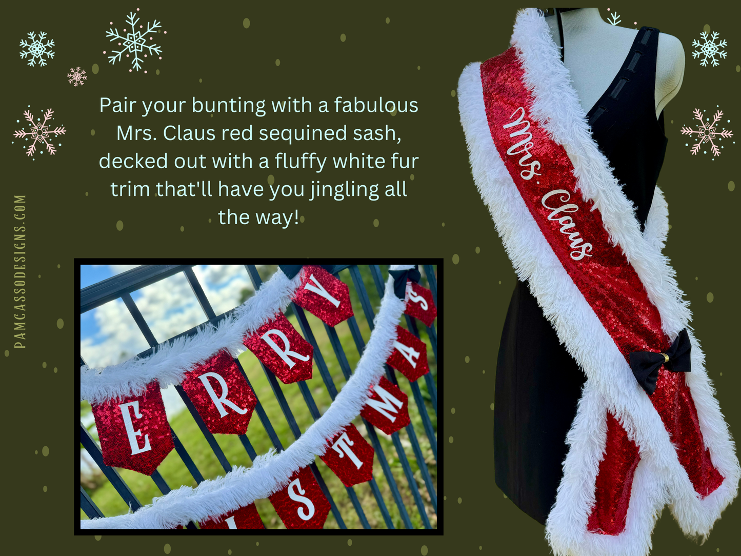 Bunting | Merry Christmas Banner - Red Sequin Fabric with White Faux Fur Trim, Santa-Inspired Holiday Decor, Festive Party Decoration with Black Bow