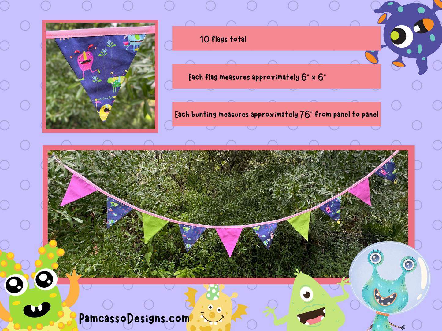 Bunting | Monster-Themed Colorful Cotton Bunting - Party Flags Decoration