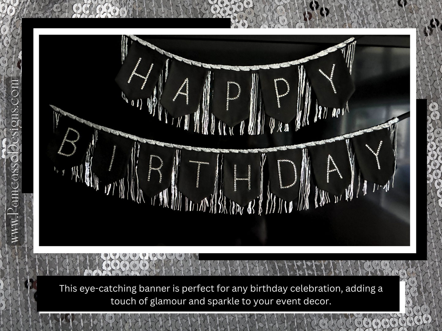 Sequins Fringe Rhinestone Happy Birthday Anniversary Banner | Luxe Glam Chic Banner | Milestone Birthday Bunting