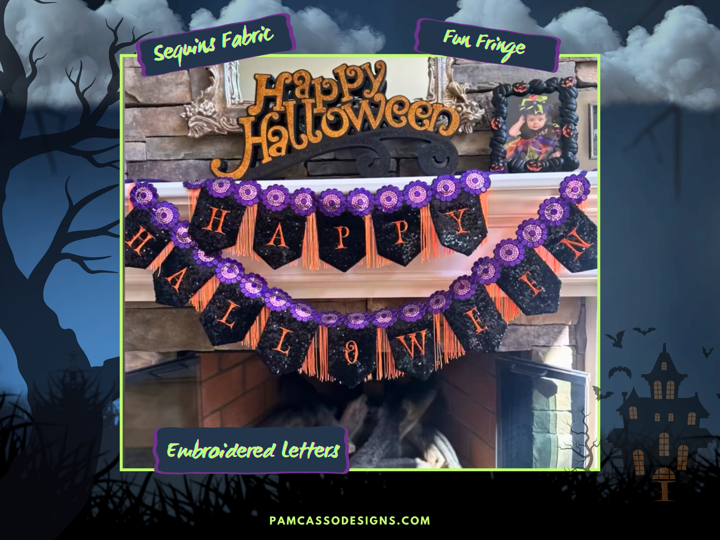 Sparkling Sequins Embroidered Halloween Bunting with Fun Fringe and Embellishments