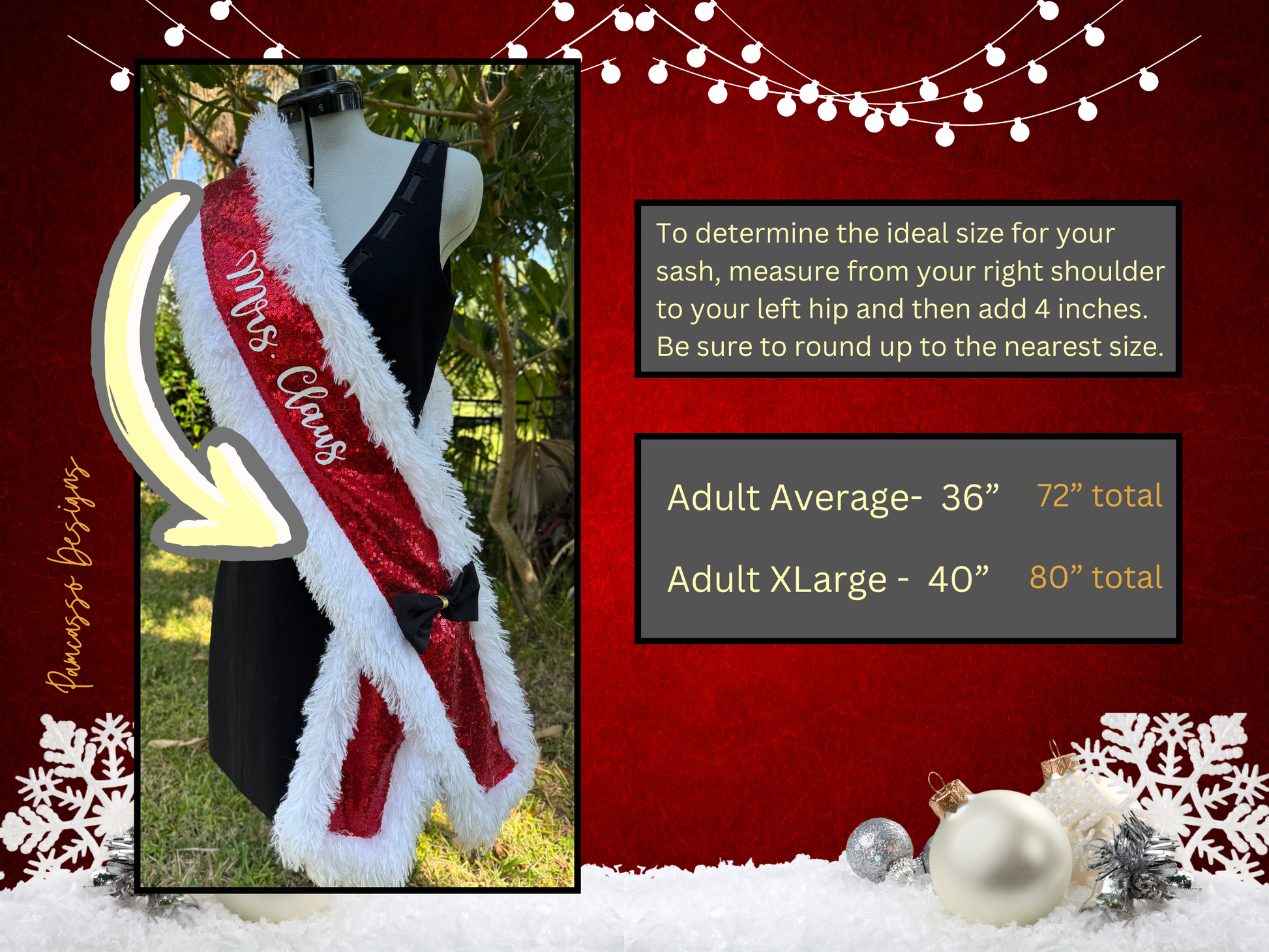 Add a festive touch to your holiday look with this vibrant red sequin “Mrs. Claus” sash! Trimmed in soft, white faux fur for a cozy, wintery feel, this sash catches the light with every step. A chic black satin bow with a gold accent adds a pop of elegance, completing the classic Christmas-inspired design.