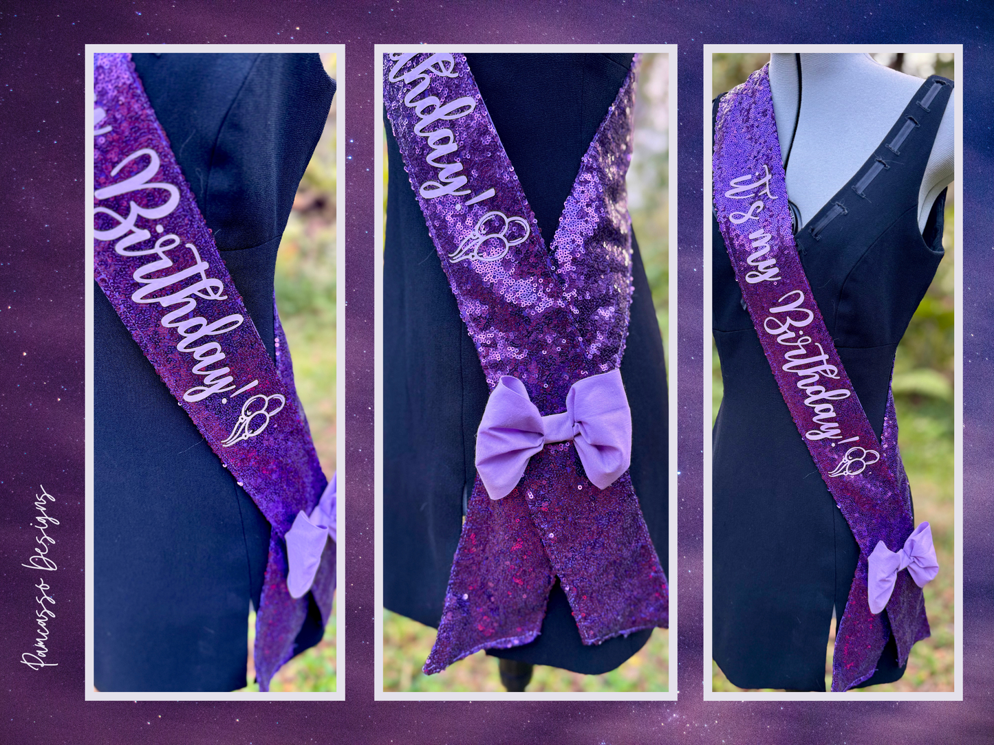 Sash | Personalized Regal Purple Sequin Celebration Sash Stole with Lavender Bow