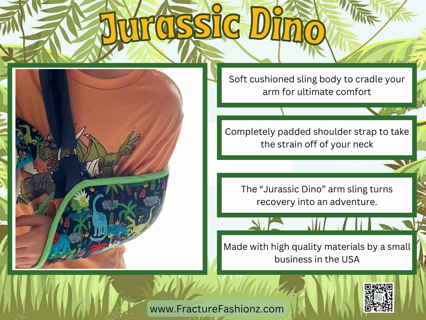 Arm Sling | Jurassic Dino Padded Arm Sling – Navy Blue with Dinosaurs in a Jungle Setting