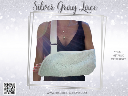 soft padded arm sling in a soft silver gray lace
