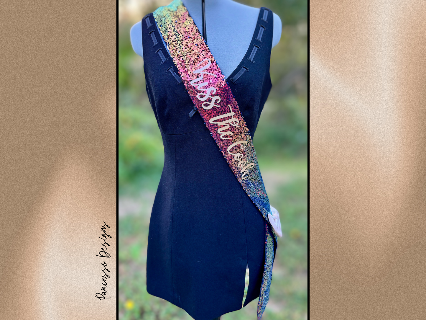 Sash | Custom Copper Sequin “Kiss the Cook” Thanksgiving Hostess Sash – Warm Orange Tones, Gold Satin Bow, Personalized Sash