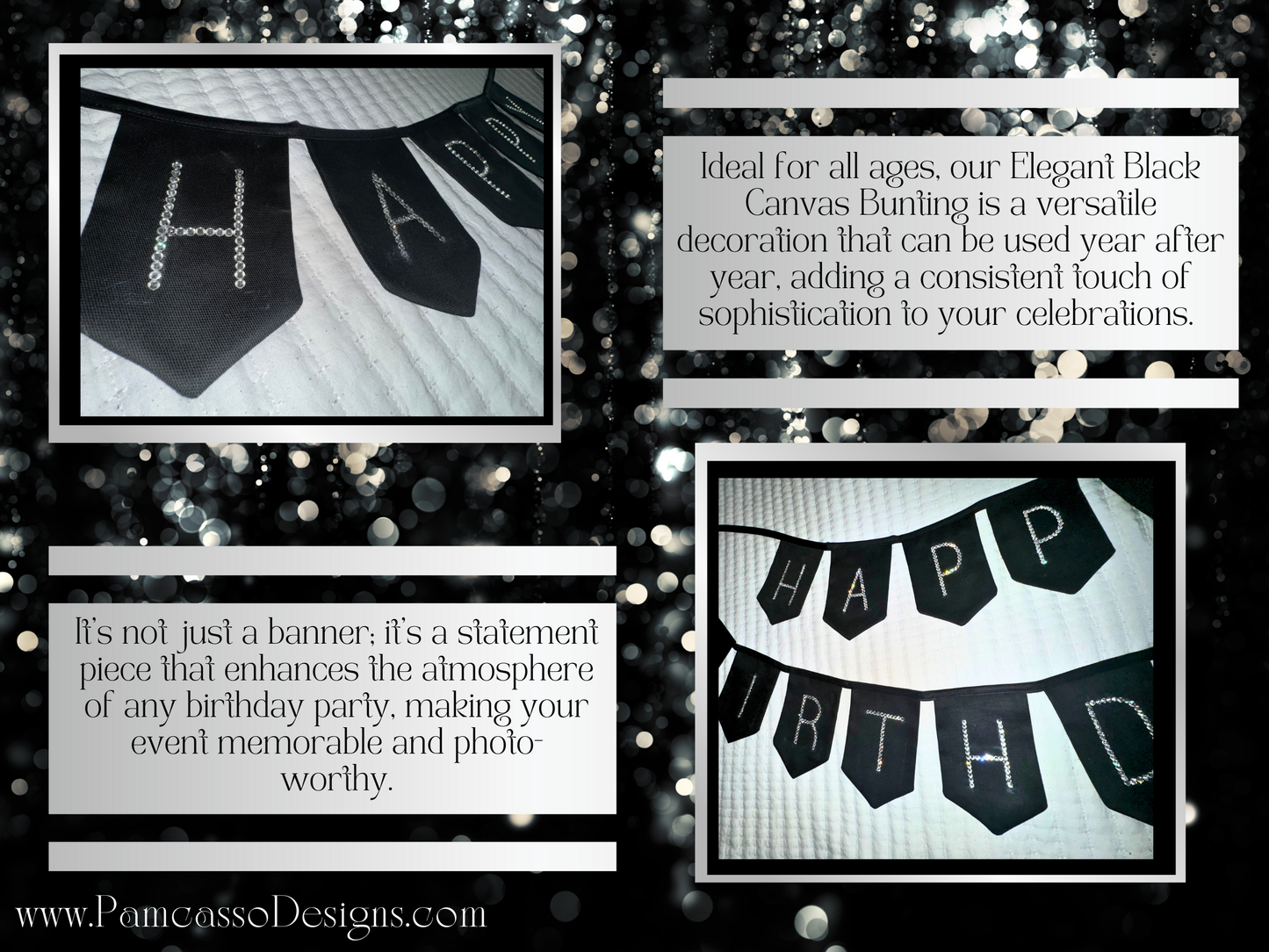 Bunting | Elegant Black Canvas Happy Birthday Anniversary Bunting with Sparkly Rhinestones