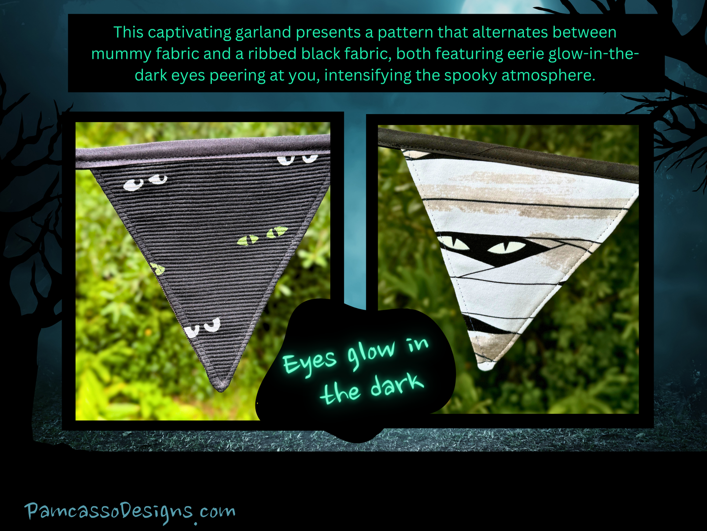 Spooky Glow-in-the-Dark Eyes Halloween Bunting - Mummy & Black Fabric Garland Wall Hanging