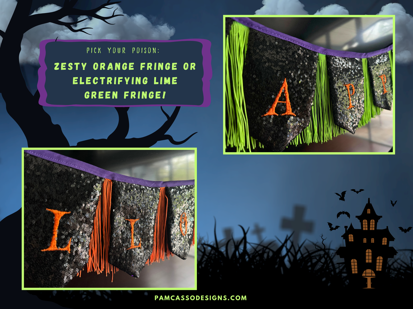 Sparkling Sequins Embroidered Halloween Bunting with Fun Fringe and Embellishments