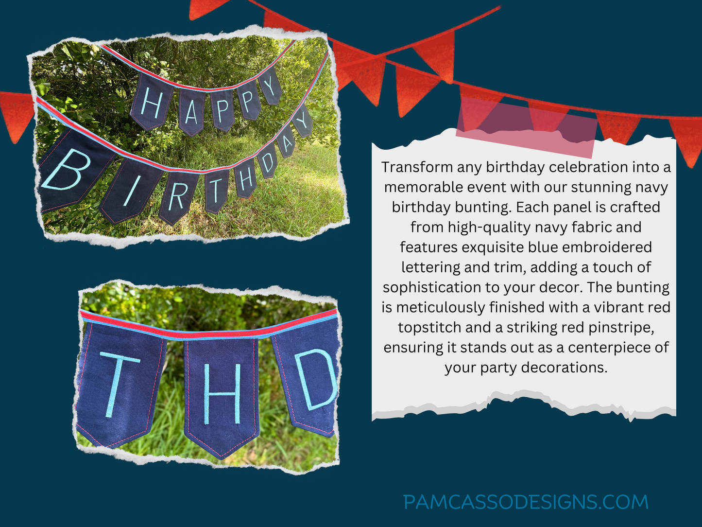 Bunting | Customizable Red Pin Stripe Navy Heavy Duty Canvas Happy Birthday Bunting Banner with Embroidered Letters Interchangeable Theme Panels