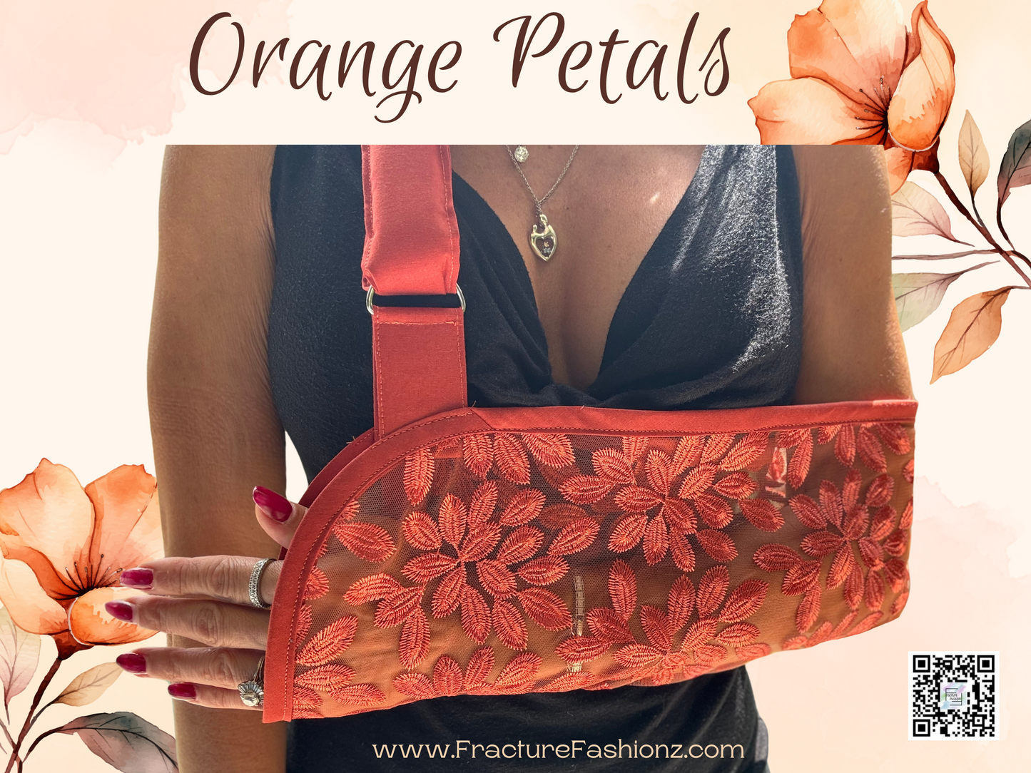 Arm Sling | Orange Embroidered Petals Arm Sling with Padded Adjustable Strap