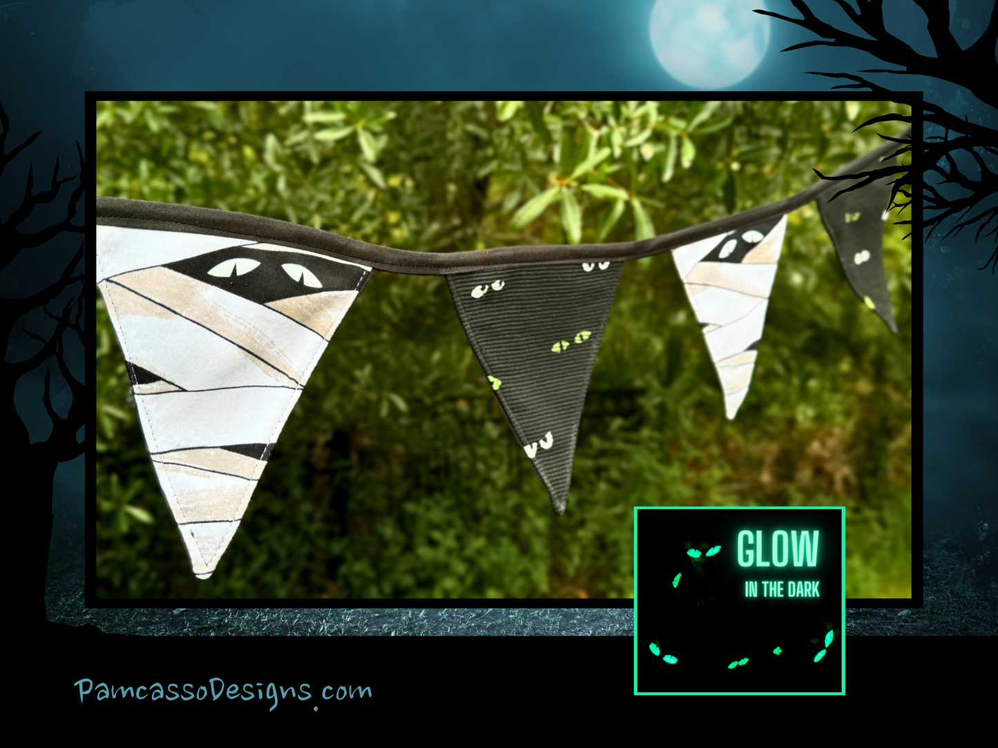 Spooky Glow-in-the-Dark Eyes Halloween Bunting - Mummy & Black Fabric Garland Wall Hanging