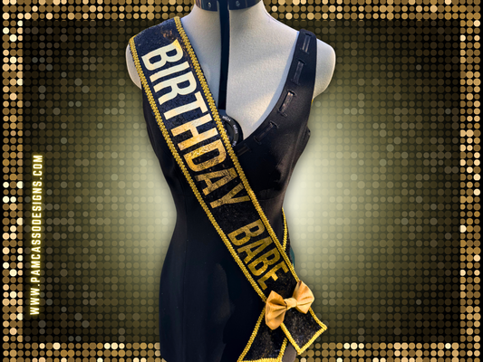 Sash | Black Sequin Sash with Gold Lettering and Gold Braid Trim