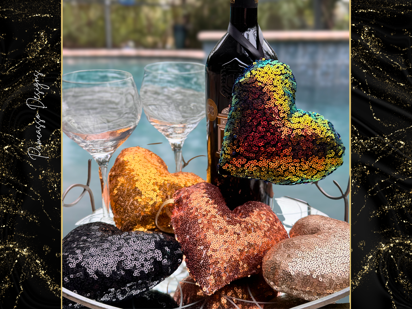 Sequins Puffy Elegant Hearts, Ornaments - Black and Golds