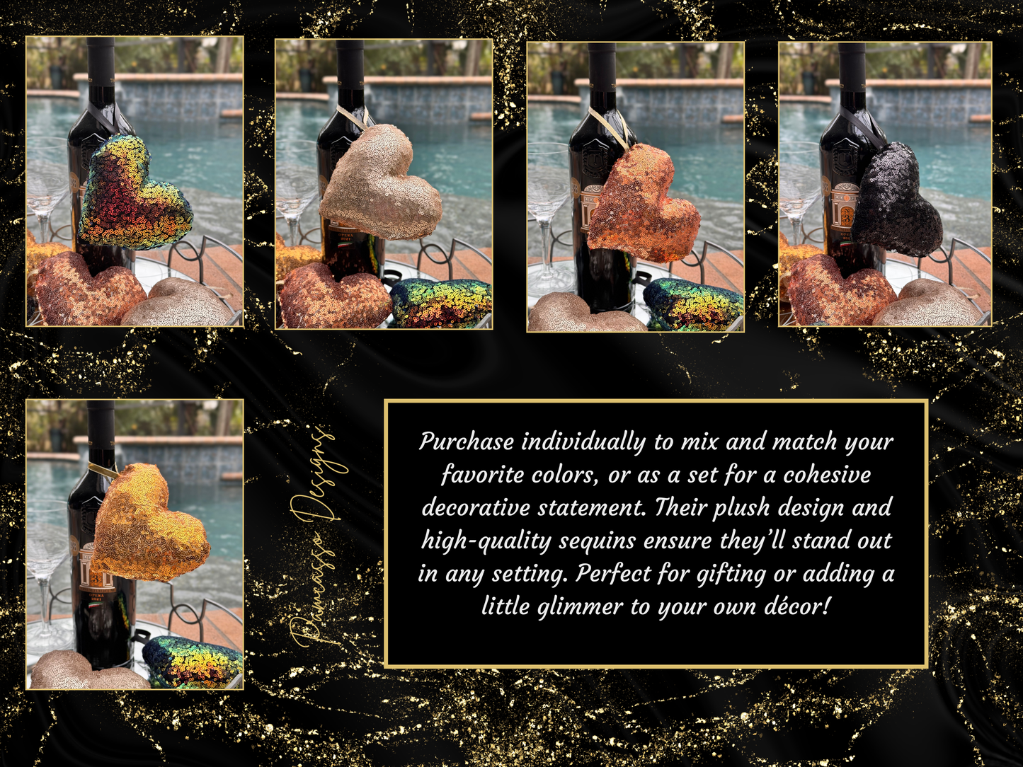 Sequins Puffy Elegant Hearts, Ornaments - Black and Golds