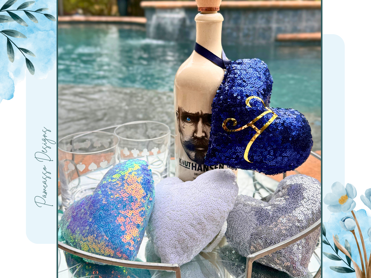 Sequins Puffy Icy Brilliance Hearts, Ornaments - Blues, Whites, Silver