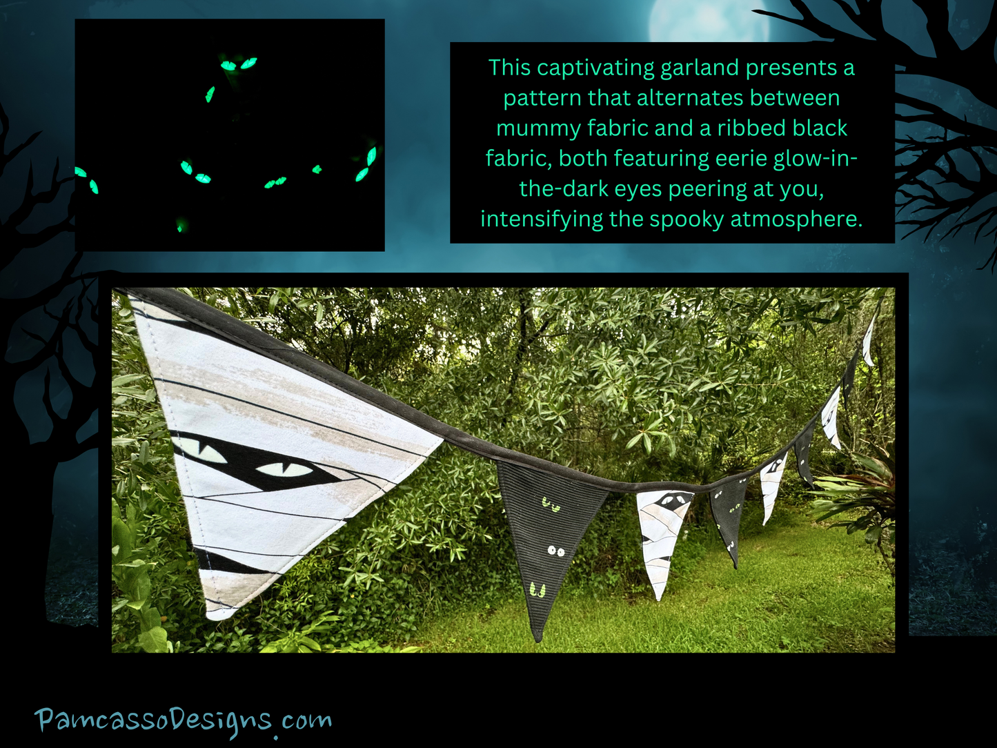 Spooky Glow-in-the-Dark Eyes Halloween Bunting - Mummy & Black Fabric Garland Wall Hanging