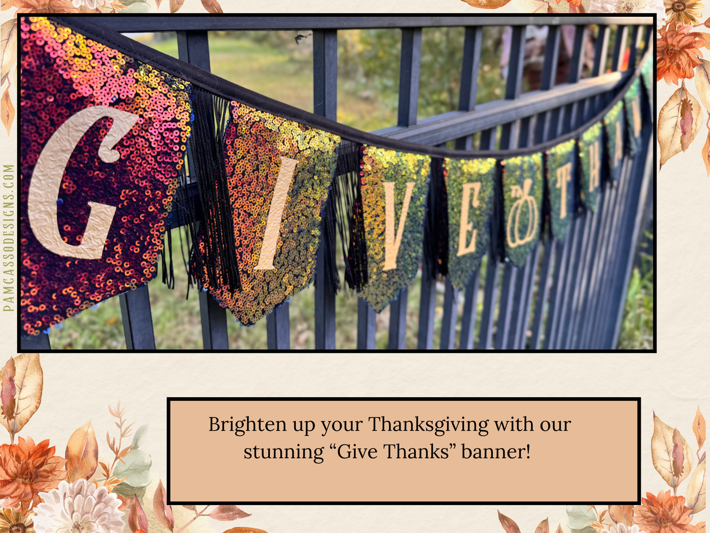 Bunting | Festive Thanksgiving Decor | Give Thanks Banner with Iridescent Sequins & Fringe