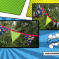 Superhero Bunting Garland - Blue & Green Pennants with Red Trim and Fun Hero Phrases