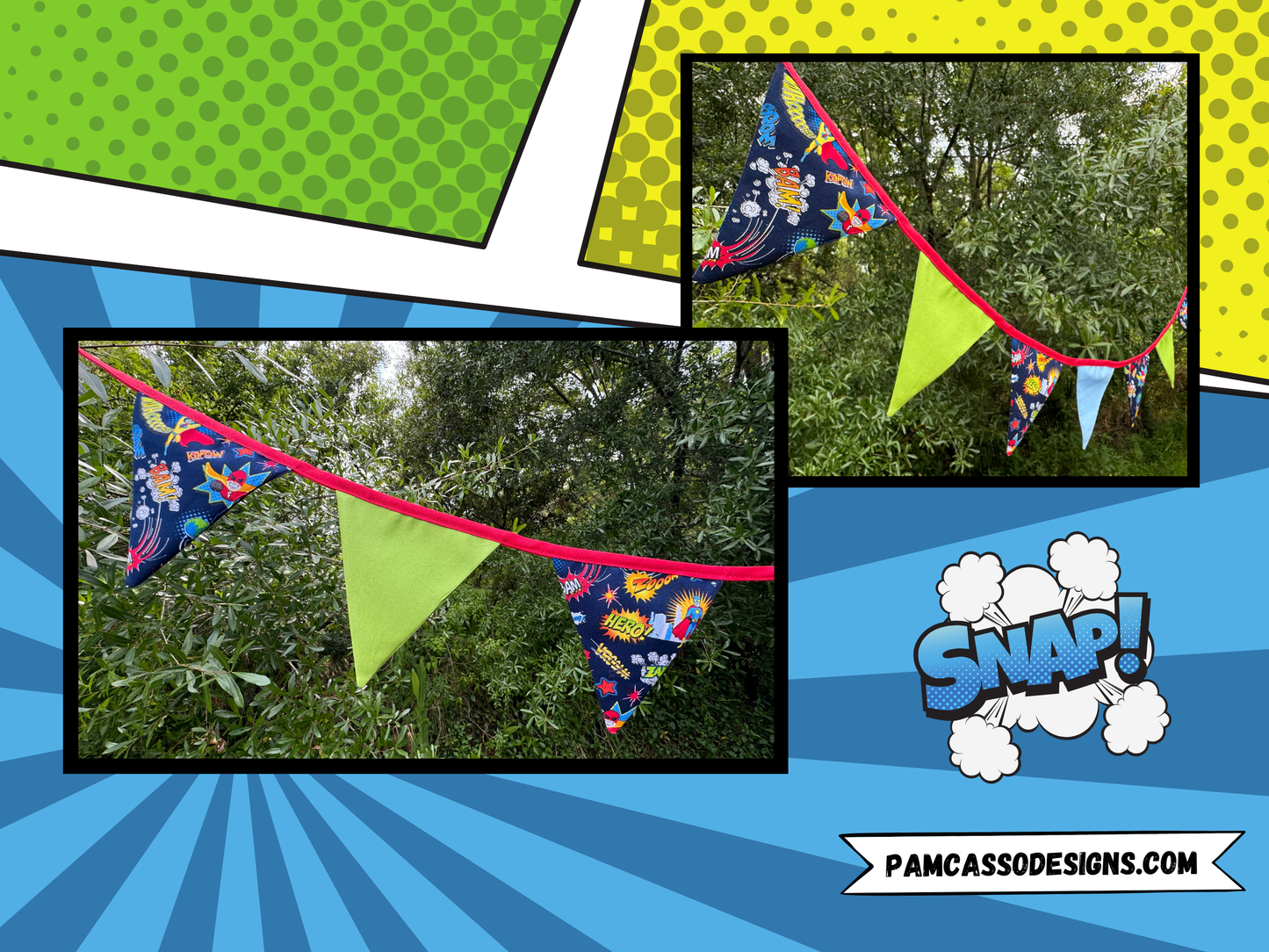 Superhero Bunting Garland - Blue & Green Pennants with Red Trim and Fun Hero Phrases