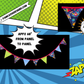 Superhero Bunting Garland - Blue & Green Pennants with Red Trim and Fun Hero Phrases