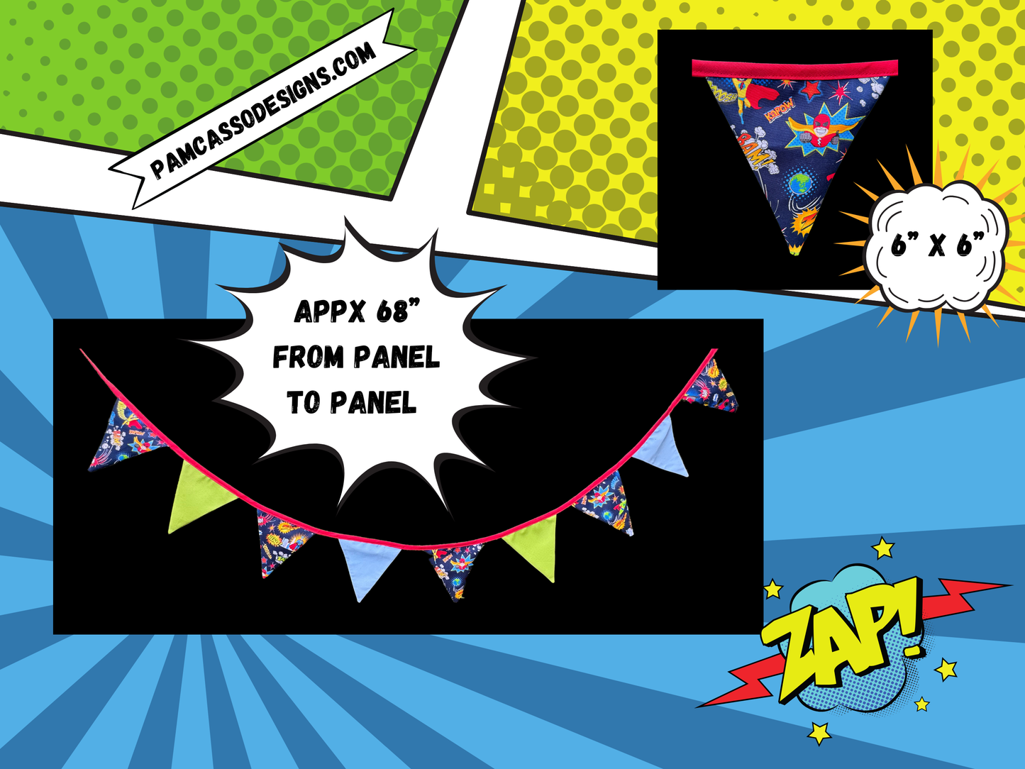 Superhero Bunting Garland - Blue & Green Pennants with Red Trim and Fun Hero Phrases