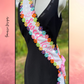 White Sequin Fabric Sash Stole with Colorful Embroidered Flowers & Pink Satin Bow – Customizable Celebration Sash - Sweet 16 - Birthday