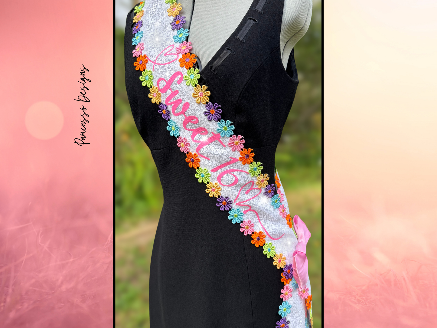 White Sequin Fabric Sash Stole with Colorful Embroidered Flowers & Pink Satin Bow – Customizable Celebration Sash - Sweet 16 - Birthday