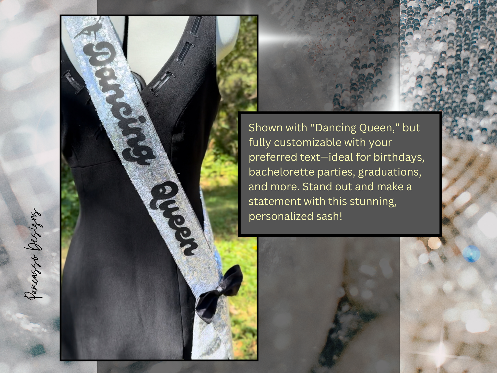 Introducing our dazzling Silver Sequin Sash, designed to add a touch of sparkle to any occasion! This glamorous sash features shimmering silver sequins with bold black lettering, making it a perfect accessory for celebrations. It’s finished with a chic black satin bow, adding an elegant touch to the eye-catching design. Shown with “Dancing Queen,” but fully customizable with your preferred text