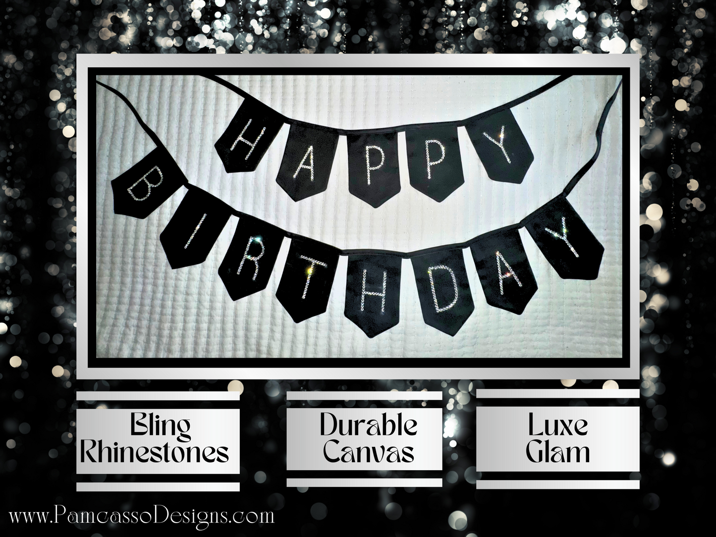 Bunting | Elegant Black Canvas Happy Birthday Anniversary Bunting with Sparkly Rhinestones