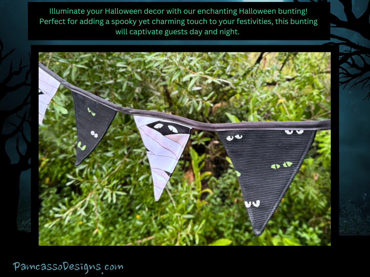 Spooky Glow-in-the-Dark Eyes Halloween Bunting - Mummy & Black Fabric Garland Wall Hanging