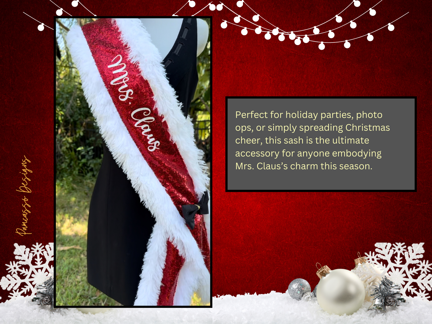 Add a festive touch to your holiday look with this vibrant red sequin “Mrs. Claus” sash! Trimmed in soft, white faux fur for a cozy, wintery feel, this sash catches the light with every step. A chic black satin bow with a gold accent adds a pop of elegance, completing the classic Christmas-inspired design.